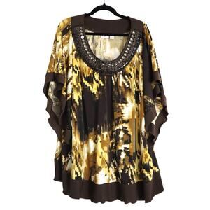 Cato Yellow Brown Beaded Rhinestone Neck Batwing Blouse 26/28W Plus Flowy